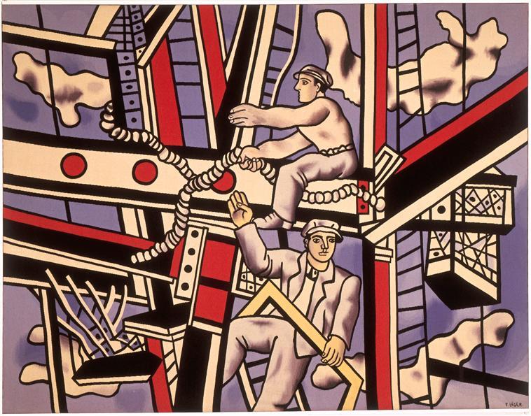Fernand Léger "Les constructeurs sur fond bleu", 1950, tapisserie, 2,4 x 3,2 m, donation de Nadia Léger et Georges Bauquier, musée national Fernand Léger. Photo : RMN-GP / Gérard Blot © ADAGP, Paris, 2020.
