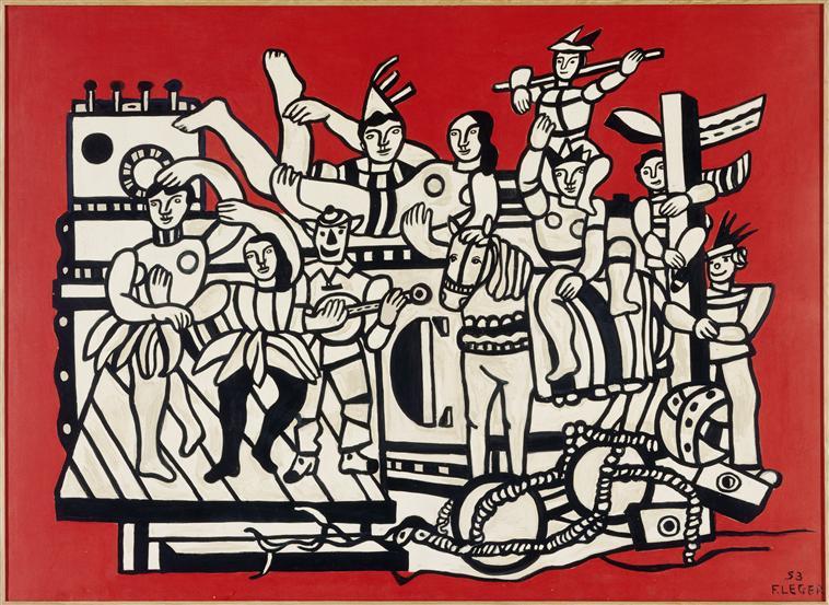 Fernand Léger, "La grande parade sur fond rouge", 1953, huile sur toile, 114,5 x 156,2 cm, donation de Nadia Léger et Georges Bauquier, musée national Fernand Léger. Photo : RMN-GP / Gérard Blot © ADAGP, Paris, 2020.