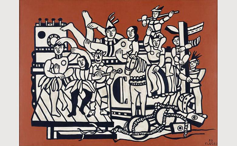 La Grande parade sur fond rouge, tableau de Fernand Léger de 1953. Huile sur toile représentant un groupe de circassiens, peints en noir et blanc, sur un fond rouge.