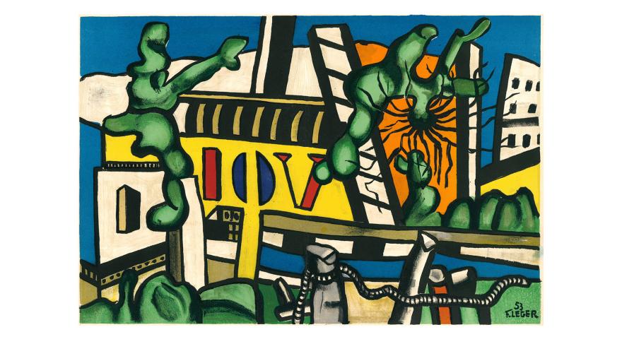 Fernand Léger, "Des lettres dans le paysage", 1953, publié dans Entretien de Fernand Léger avec Blaise Cendrars et Louis Carré sur le paysage dans l’œuvre de Léger, catalogue, Paris, Louis Carré, 1956. Lithographie, musée national Fernand Léger, Biot © ADAGP, Paris, 2022. 