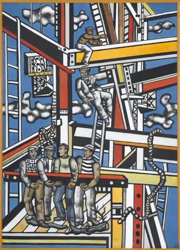 Les Constructeurs, tableau de Fernand Léger, 1950 : Des ouvriers en action sur un immeuble en construction, avec structures métalliques colorées