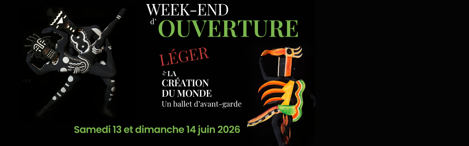 Visuel pour le week end d'inauguration de Léger et La Création du monde montrant deux danseurs ainsi qu'un costume d'oiseau recréé par fluxum