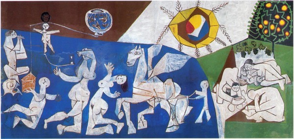 Oeuvre de Picasso, La Guerre et la Paix, 1952, avec plusieurs personnages, sur fonds bleu, marron, blanc et vert