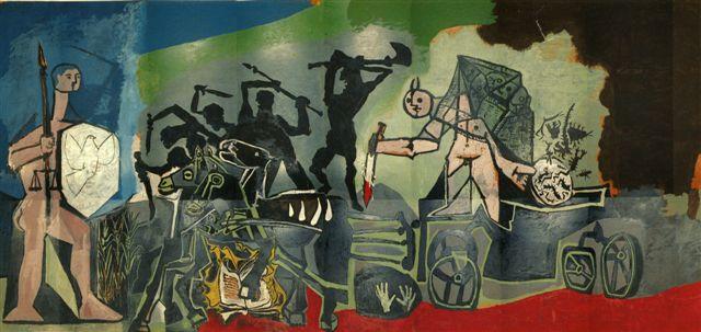 La Guerre, panneau peint par Pablo Picasso (1952) qui décore l'intérieur de la chapelle de Vallauris. On y voit, de gauche à droite en mode frise, le guerrier de la paix faisant face au guerrier de la mort, menant un corbillard.